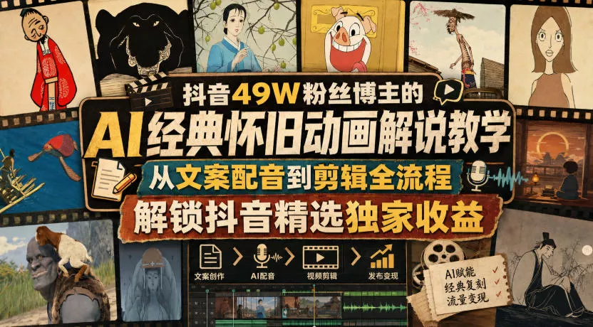 抖音49W粉丝博主的AI经典怀旧动画解说教学，从文案配音到剪辑全流程，解锁抖音精选独家收益网创项目-知识付费-在线课程-自媒体创业-网络副业-优利资源优利资源网