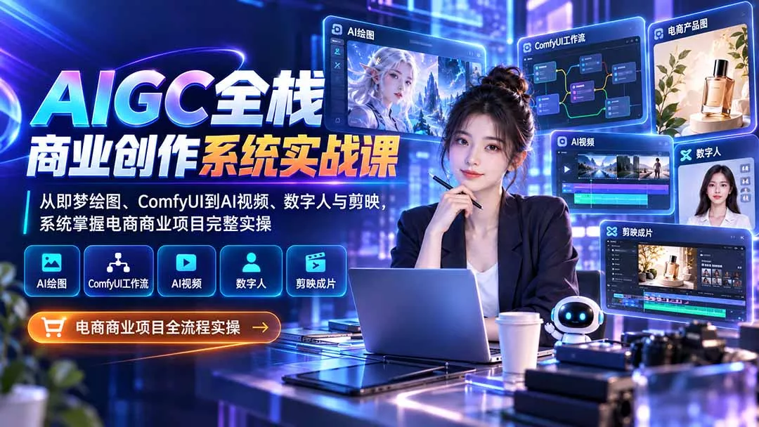 AIGC全栈商业创作系统实战课：从即梦绘图、ComfyUI到AI视频、数字人与剪映，系统掌握电商商业项目完整实操网创项目-知识付费-在线课程-自媒体创业-网络副业-优利资源优利资源网
