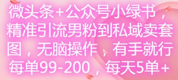 微头条+公众号小绿书，精准引流男粉到私域卖套图，无脑操作，有手就行，每单99-200，每天5单网创项目-知识付费-在线课程-自媒体创业-网络副业-优利资源优利资源网