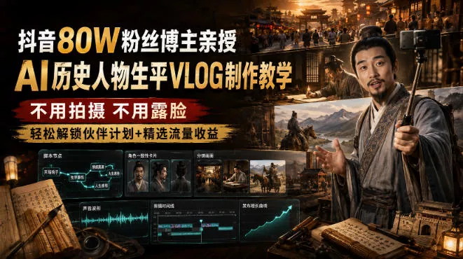 抖音80W粉丝博主的AI历史人物生平VLOG教学，不用拍摄不用露脸，AI帮你搞定，轻松解锁伙伴计划+精选收益网创项目-知识付费-在线课程-自媒体创业-网络副业-优利资源优利资源网