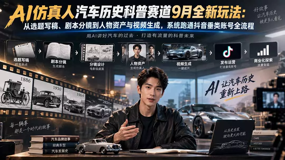 AI仿真人汽车历史科普赛道9月全新玩法:从选题写稿、剧本分镜到人物资产与视频生成,系统跑通抖音垂类账号全流程 AI仿真人汽车历史科普赛道9月全新玩法:从选题写稿、剧本分镜到人物资产与视频生成,系统跑通抖音垂类账号全流程