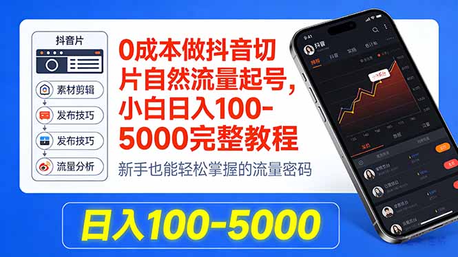 0成本做抖音切片自然流量起号，小白日入100-5000完整教程网创项目-知识付费-在线课程-自媒体创业-网络副业-优利资源优利资源网