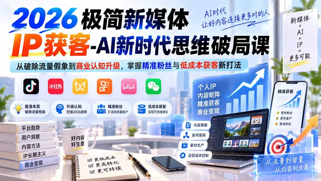2026极简新媒体IP获客-AI新时代思维破局课：从破除流量假象到商业认知升级，掌握精准粉丝与低成本获客新打法网创项目-知识付费-在线课程-自媒体创业-网络副业-优利资源优利资源网