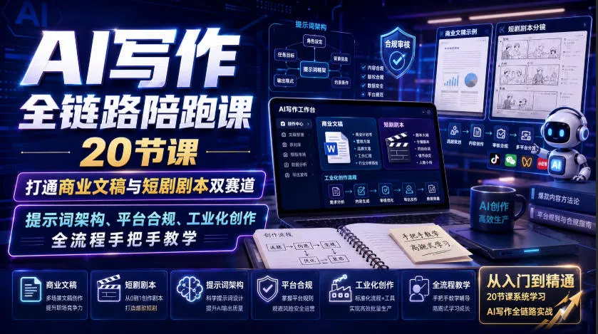 AI写作全链路陪跑课|20节课打通商业文稿与短剧剧本双赛道,提示词架构、平台合规、工业化创作全流程手把手教学 AI写作全链路陪跑课|20节课打通商业文稿与短剧剧本双赛道,提示词架构、平台合规、工业化创作全流程手把手教学