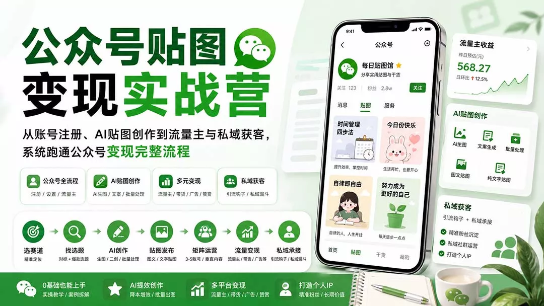 公众号贴图变现实战营：从账号注册、AI贴图创作到流量主与私域获客，系统跑通公众号变现完整流程网创项目-知识付费-在线课程-自媒体创业-网络副业-优利资源优利资源网
