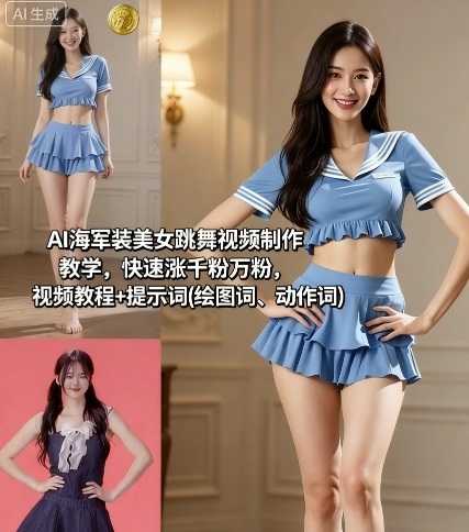 AI海军装美女跳舞视频制作教学，快速涨千粉万粉，视频教程+提示词(绘图词、动作词)网创项目-知识付费-在线课程-自媒体创业-网络副业-优利资源优利资源网