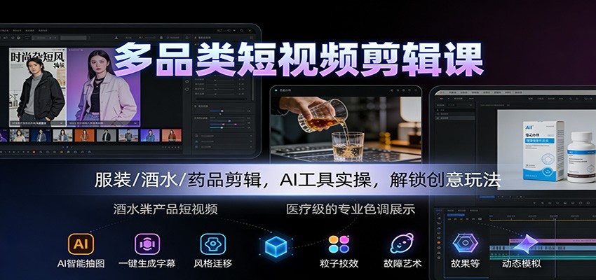 多品类短视频剪辑课：服装/酒水/药品剪辑，AI工具实操，解锁创意玩法网创项目-知识付费-在线课程-自媒体创业-网络副业-优利资源优利资源网