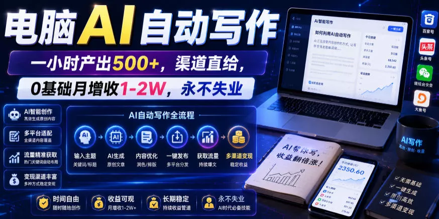 电脑AI自动写作，一小时产出500+，渠道直给，0基础月增收1-2W，永不失业【揭秘】网创项目-知识付费-在线课程-自媒体创业-网络副业-优利资源优利资源网