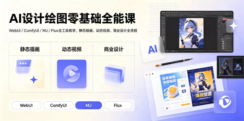 AI设计绘图零基础全能课｜WebUI/ComfyUI/MJ/Flux全工具教学，静态插画、动态视频、商业设计全流程网创项目-知识付费-在线课程-自媒体创业-网络副业-优利资源优利资源网