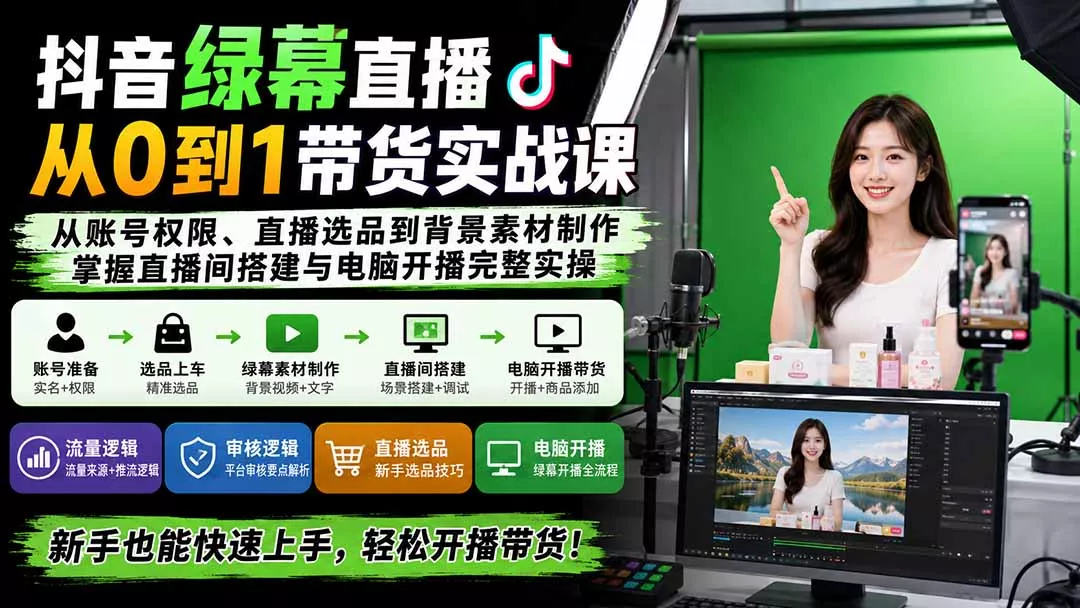 抖音绿幕直播从0到1带货实战课：从账号权限、直播选品到背景素材制作，掌握直播间搭建与电脑开播完整实操网创项目-知识付费-在线课程-自媒体创业-网络副业-优利资源优利资源网