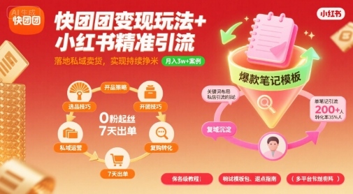 快团团变现玩法+小红书精准引流技巧，助你真正落地私域卖货，实现持续挣米网创项目-知识付费-在线课程-自媒体创业-网络副业-优利资源优利资源网