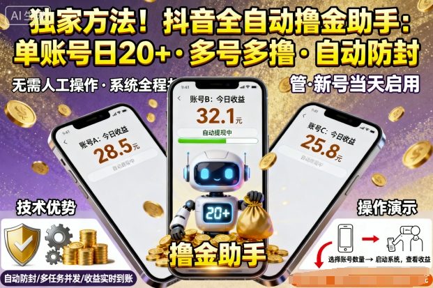独家方法！最新抖音系列全自动挂G撸金助手，单账号一天20+，多号多撸，自动防封【揭秘】网创项目-知识付费-在线课程-自媒体创业-网络副业-优利资源优利资源网