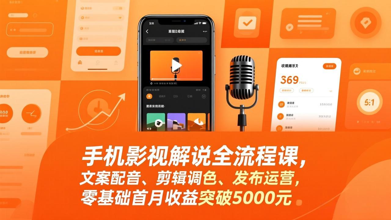 手机影视解说全流程课，文案配音、剪辑调色、发布运营，零基础首月收益突破5000元网创项目-知识付费-在线课程-自媒体创业-网络副业-优利资源优利资源网