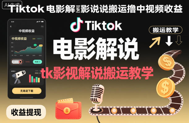 Tiktok电影解说搬运撸中视频收益，tk影视解说搬运教学网创项目-知识付费-在线课程-自媒体创业-网络副业-优利资源优利资源网