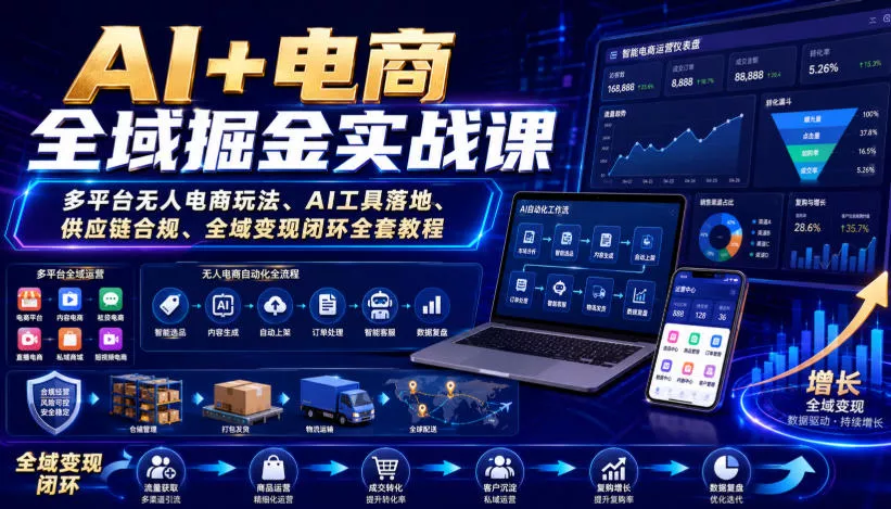 AI+电商全域掘金实战课｜多平台无人电商玩法、AI工具落地、供应链合规、全域变现闭环全套教程网创项目-知识付费-在线课程-自媒体创业-网络副业-优利资源优利资源网