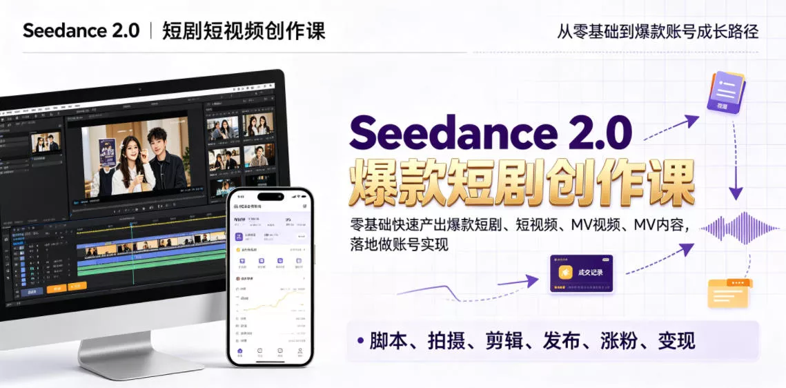 Seedance 2.0短剧短视频创作课，零基础快速产出爆款短剧、短视频、MV内容，落地做账号实现变现网创项目-知识付费-在线课程-自媒体创业-网络副业-优利资源优利资源网