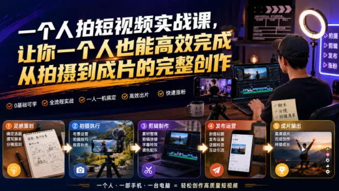 一个人拍短视频实战课，让你一个人也能高效完成从拍摄到成片的完整创作网创项目-知识付费-在线课程-自媒体创业-网络副业-优利资源优利资源网
