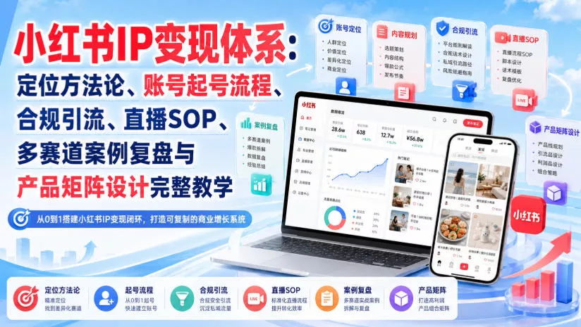 小红书IP变现体系：定位方法论、账号起号流程、合规引流、直播SOP、多赛道案例复盘与产品矩阵设计完整教学网创项目-知识付费-在线课程-自媒体创业-网络副业-优利资源优利资源网