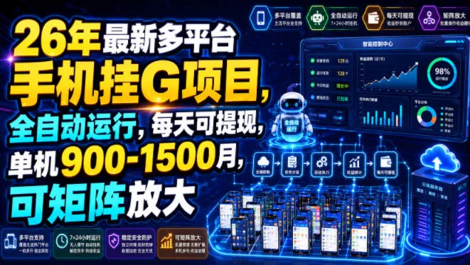 26年最新多平台手机挂G项目，全自动运行，每天可提现，单机900-1500月，可矩阵放大【揭秘】网创项目-知识付费-在线课程-自媒体创业-网络副业-优利资源优利资源网
